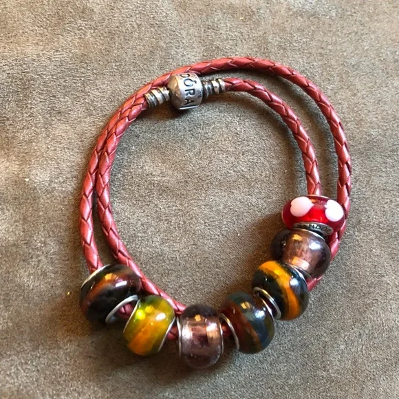 Pandora Brown Leather Bracelet Wrap Around Twice Necklace w/ 7 Charms - Picture 2 of 10